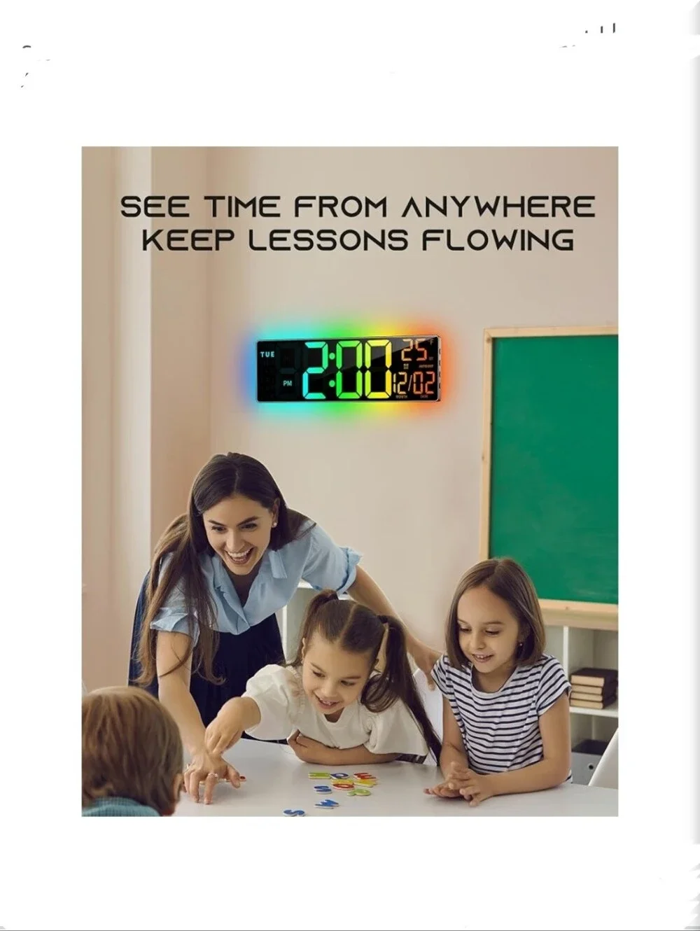 NIB Large Digital Wall Clock, BT Sync RGB Lights, 11 Scenes Mode, Remote Control
